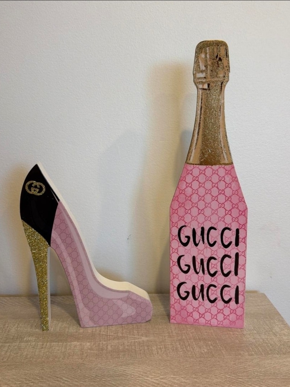 Pink and Gold Decorative High Heel And Champagne Bottle Decorative Pieces-NEW!